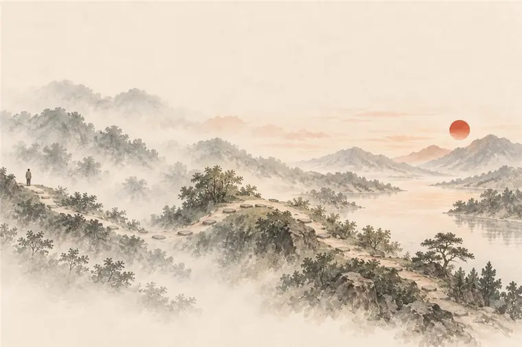 Ein Weg durch drei Landschaften: Morgennebel, Sonnenaufgang, klarer Morgen