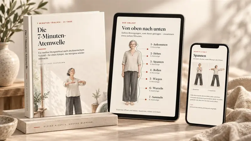 Das Programm als Buch, der visuelle Guide auf dem Tablet und eine Übungsseite auf dem Handy